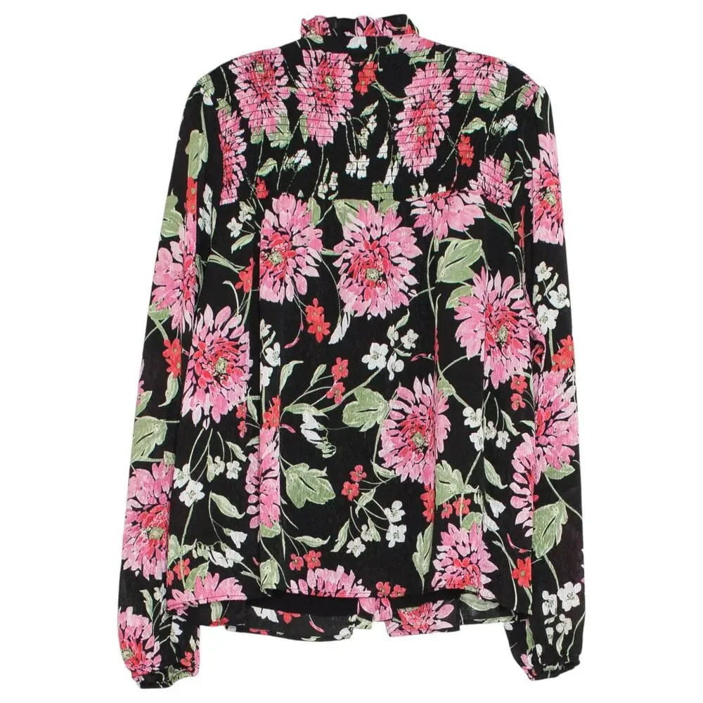 Draper James Sheer Floral Button Top Peasant Boho Cottagecore Romantic Black XL